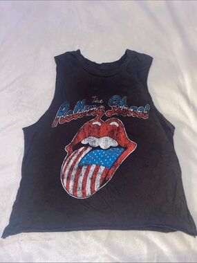 the Rolling Stones Black Tank with Red, White and Blue Tongue Graphic